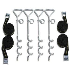Trampoline tie down kit, include 4 heavy duty straps and 4 screw in ground anchors