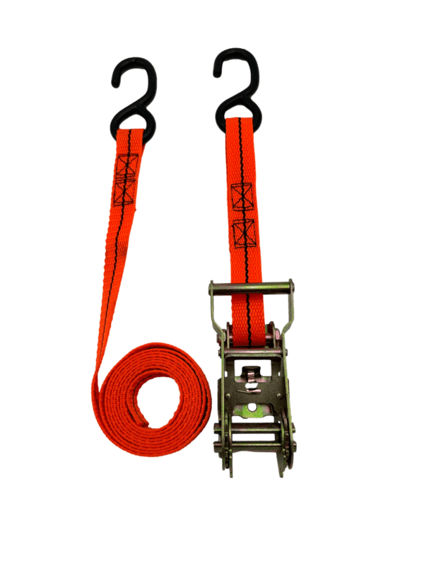 [Image description: A close-up image of the 1" Wide Handle Ratchet Tie Down, showcasing its sturdy construction and reliable grip.]